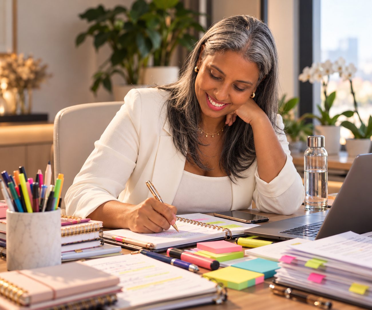 Ana trabalhando à mesa com cadernos, marca-textos e orquídeas